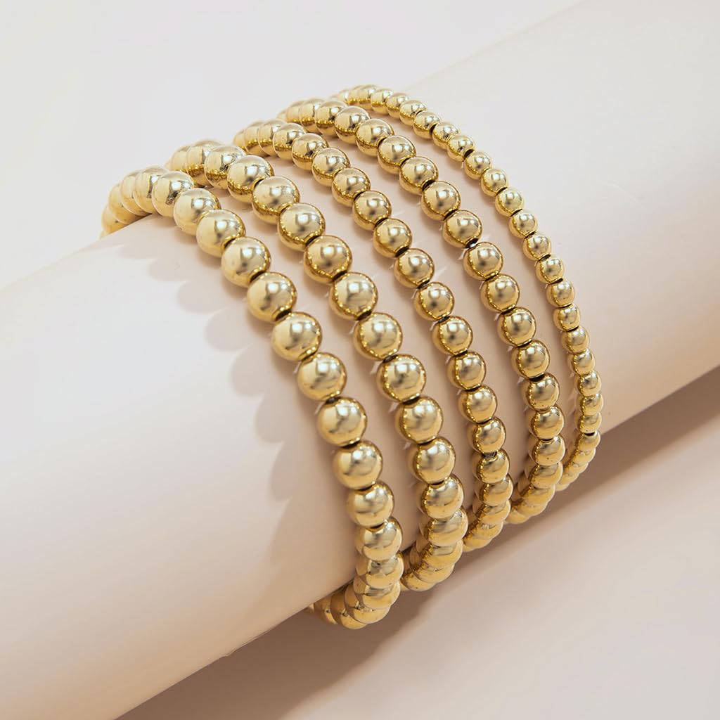 SANNIDHI 5pcs Women Beaded Bracelet Golden Resin Beaded Bracelet Stretchy Layered Fashion Bracelet Stackable Bracelets SANNIDHI 5pcs Women Beaded Bracelet Golden Resin Beaded Bracelet Stretchy Layered Fashion Bracelet Stackable Bracelets